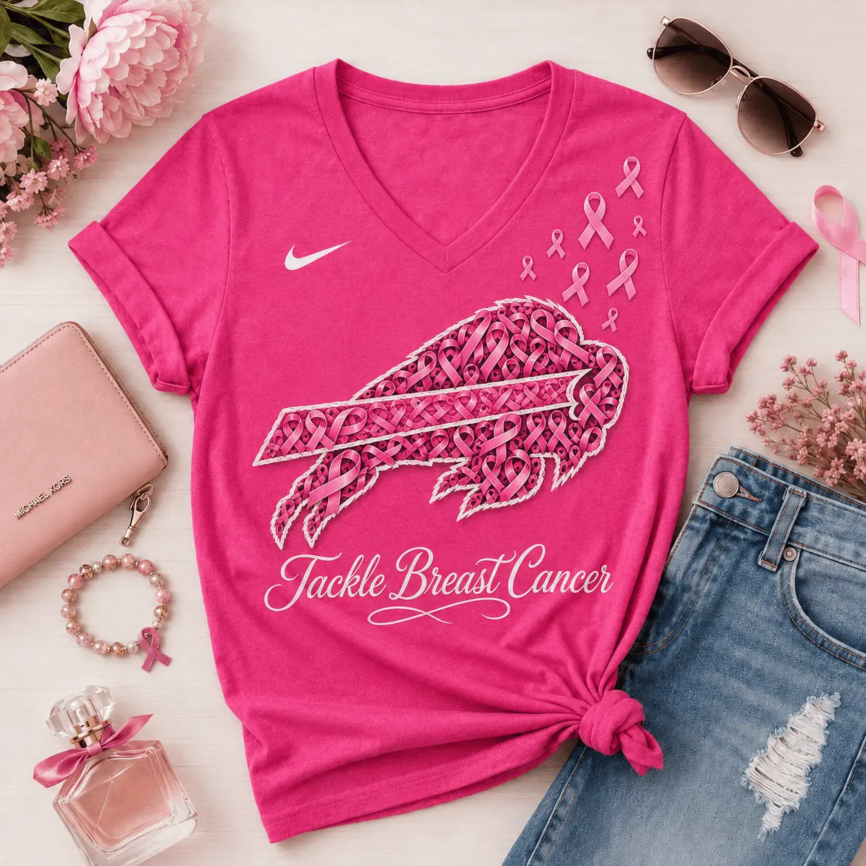 Buffalo Bills | Premium NFL Tackle Breast Cancer V-neck NY - Image 2