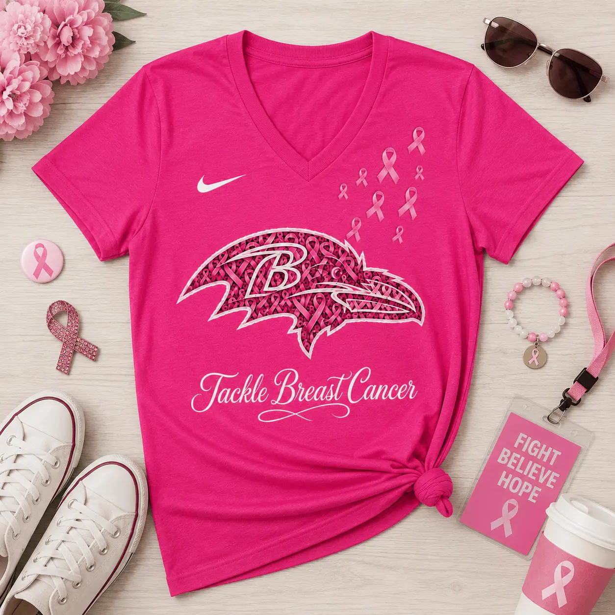 Baltimore Ravens | Premium NFL Tackle Breast Cancer V-neck NY - Image 2