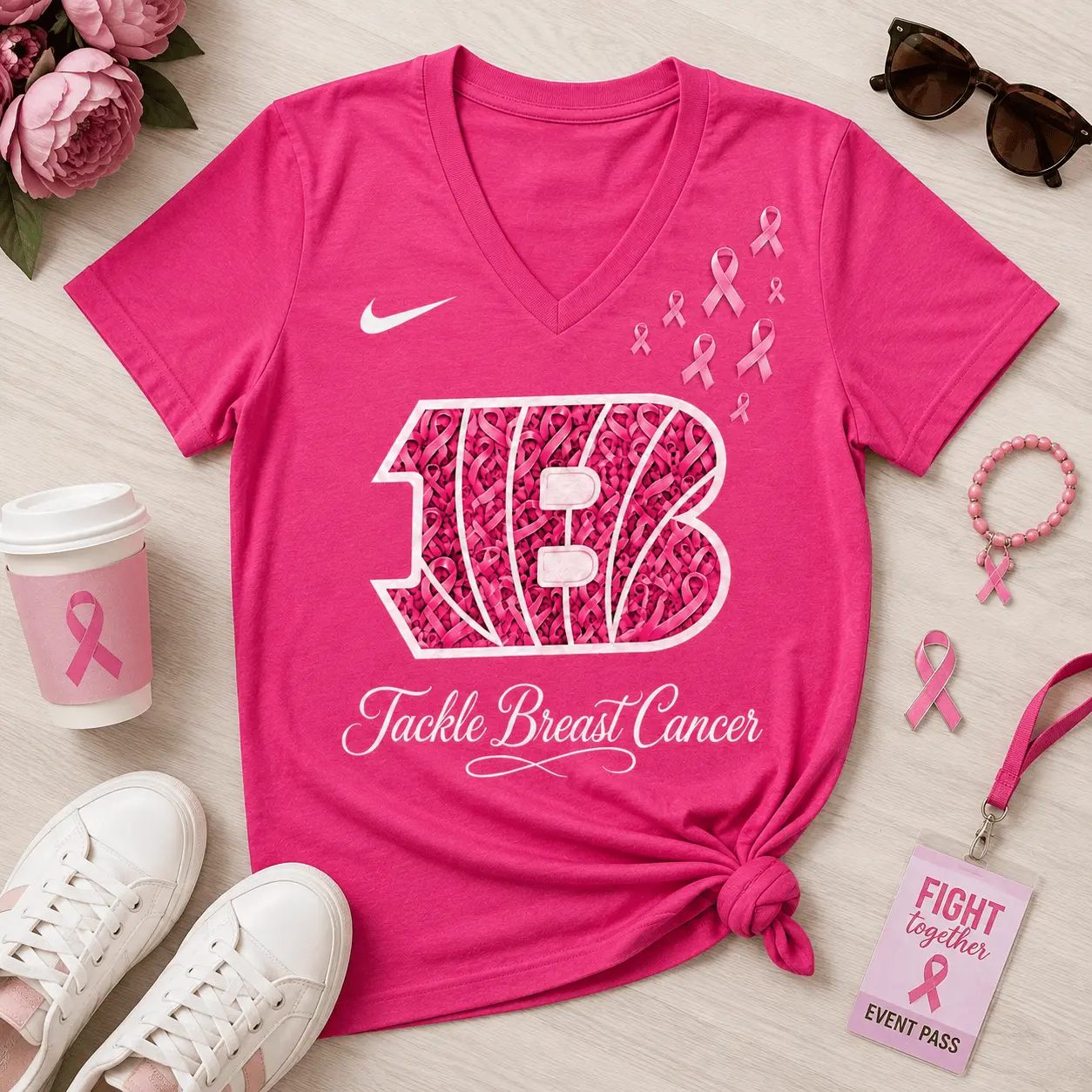 Cincinnati Bengals | Premium NFL Tackle Breast Cancer V-neck NY - Image 2
