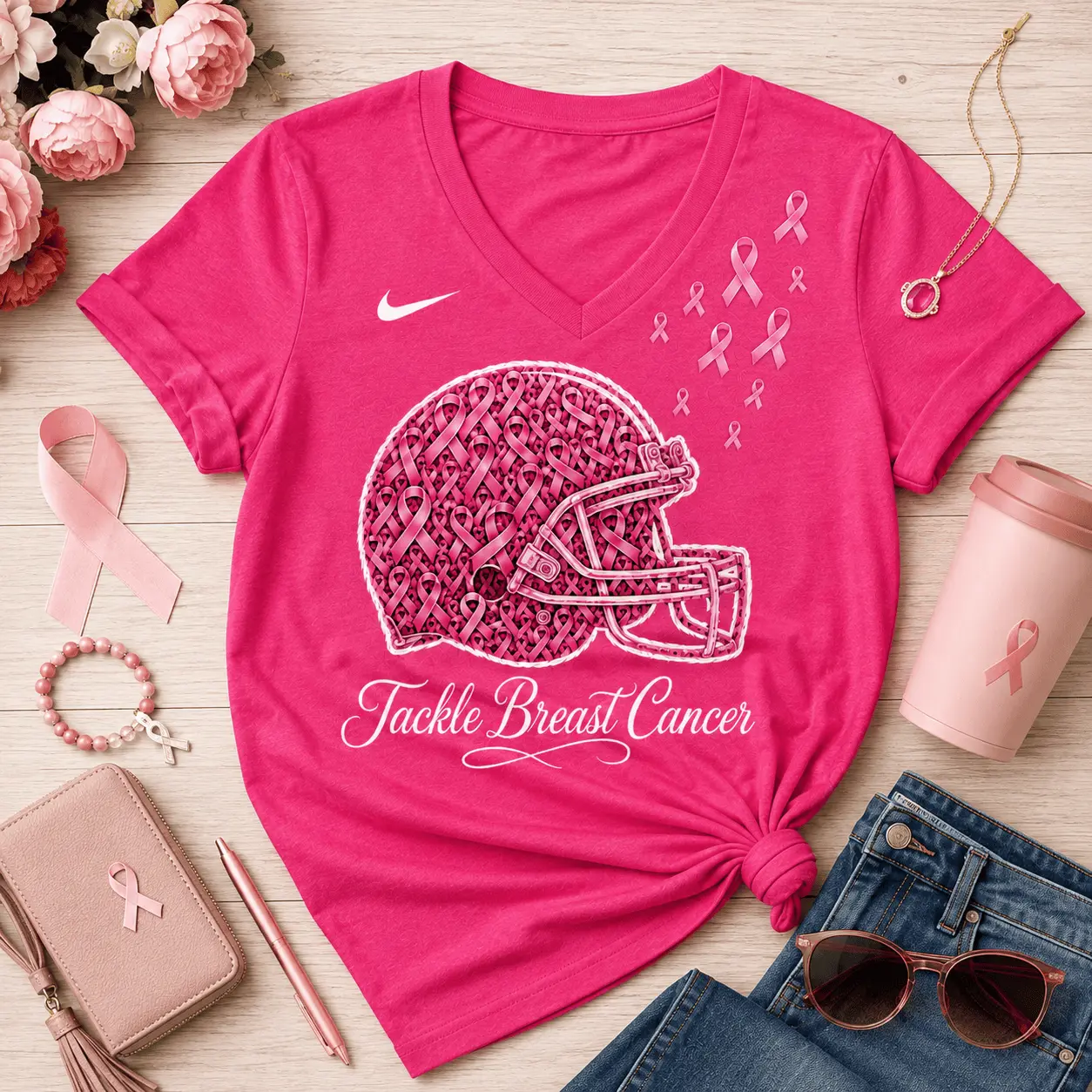 Cleveland Browns | Premium NFL Tackle Breast Cancer V-neck NY - Image 2