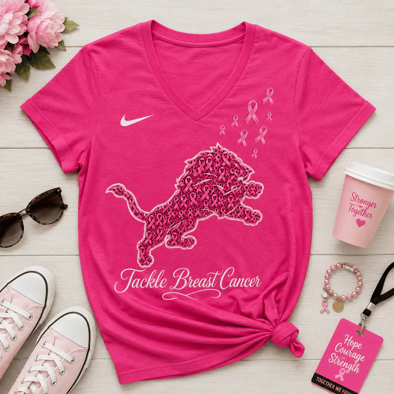 Detroit Lions | Premium NFL Tackle Breast Cancer V-neck NY - Image 2