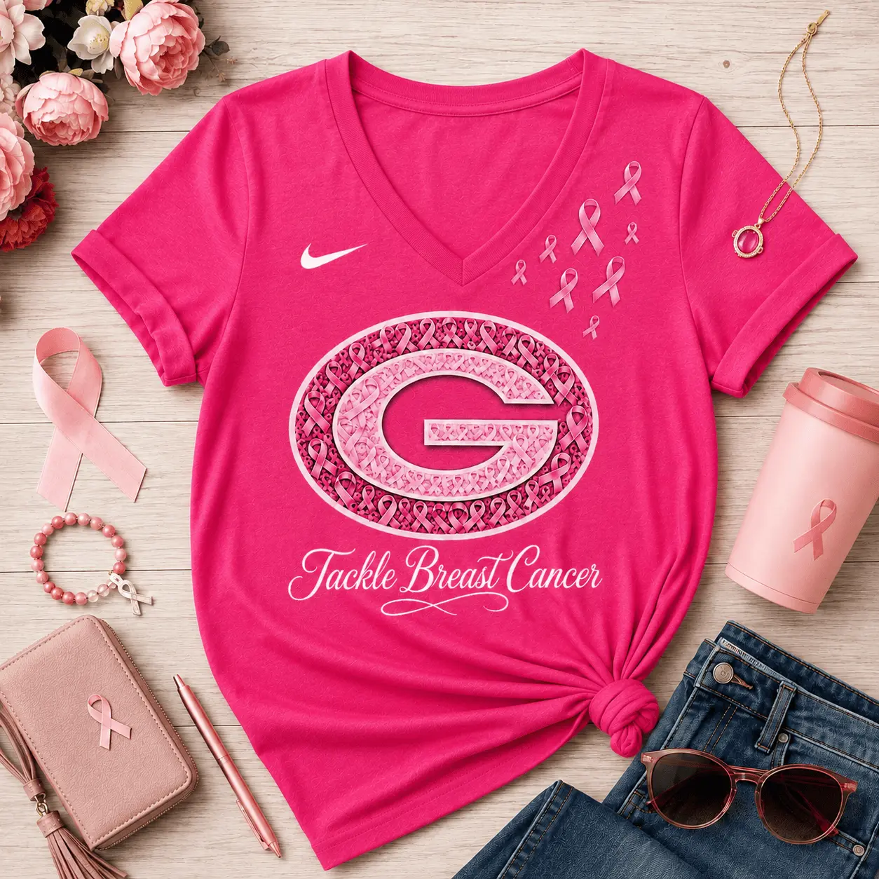 Green Bay Packers | Premium NFL Tackle Breast Cancer V-neck NY - Image 2