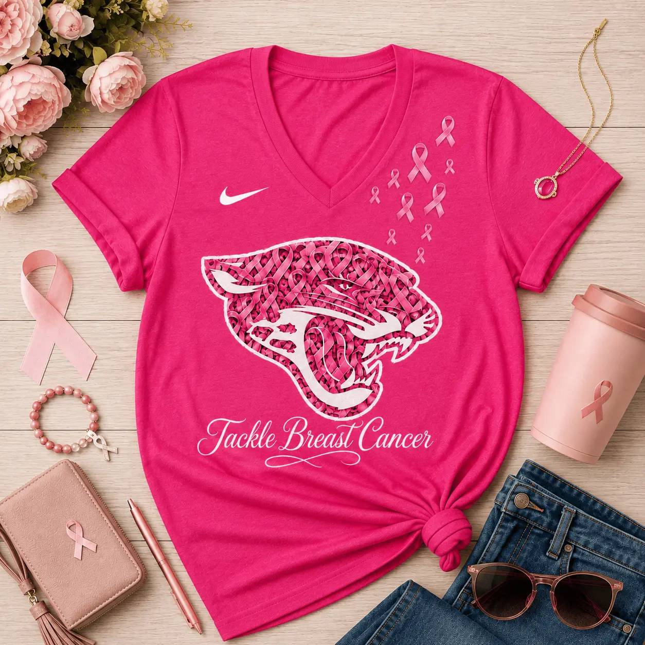 Jacksonville Jaguars | Premium NFL Tackle Breast Cancer V-neck NY - Image 2
