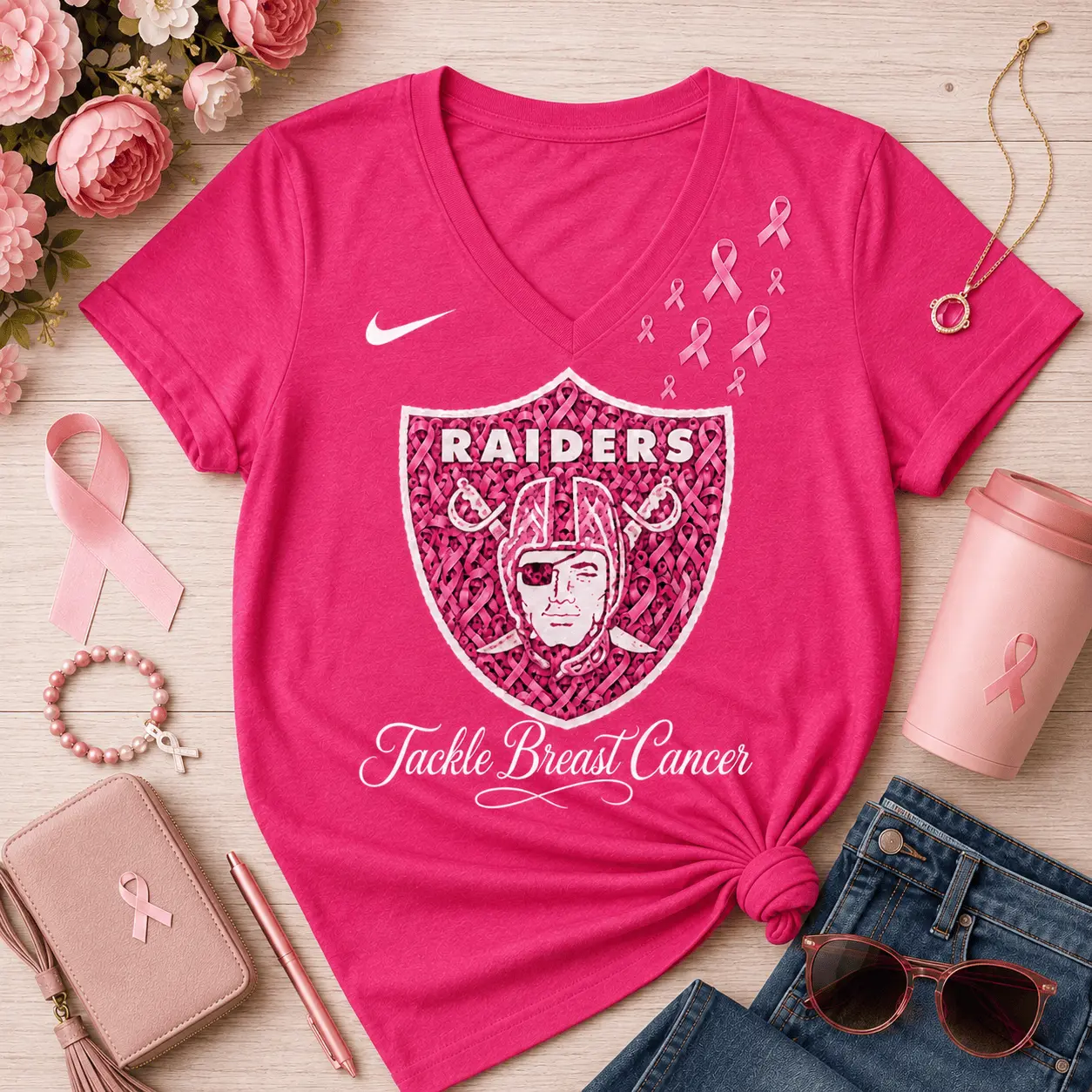Las Vegas Raiders | Premium NFL Tackle Breast Cancer V-neck NY - Image 2