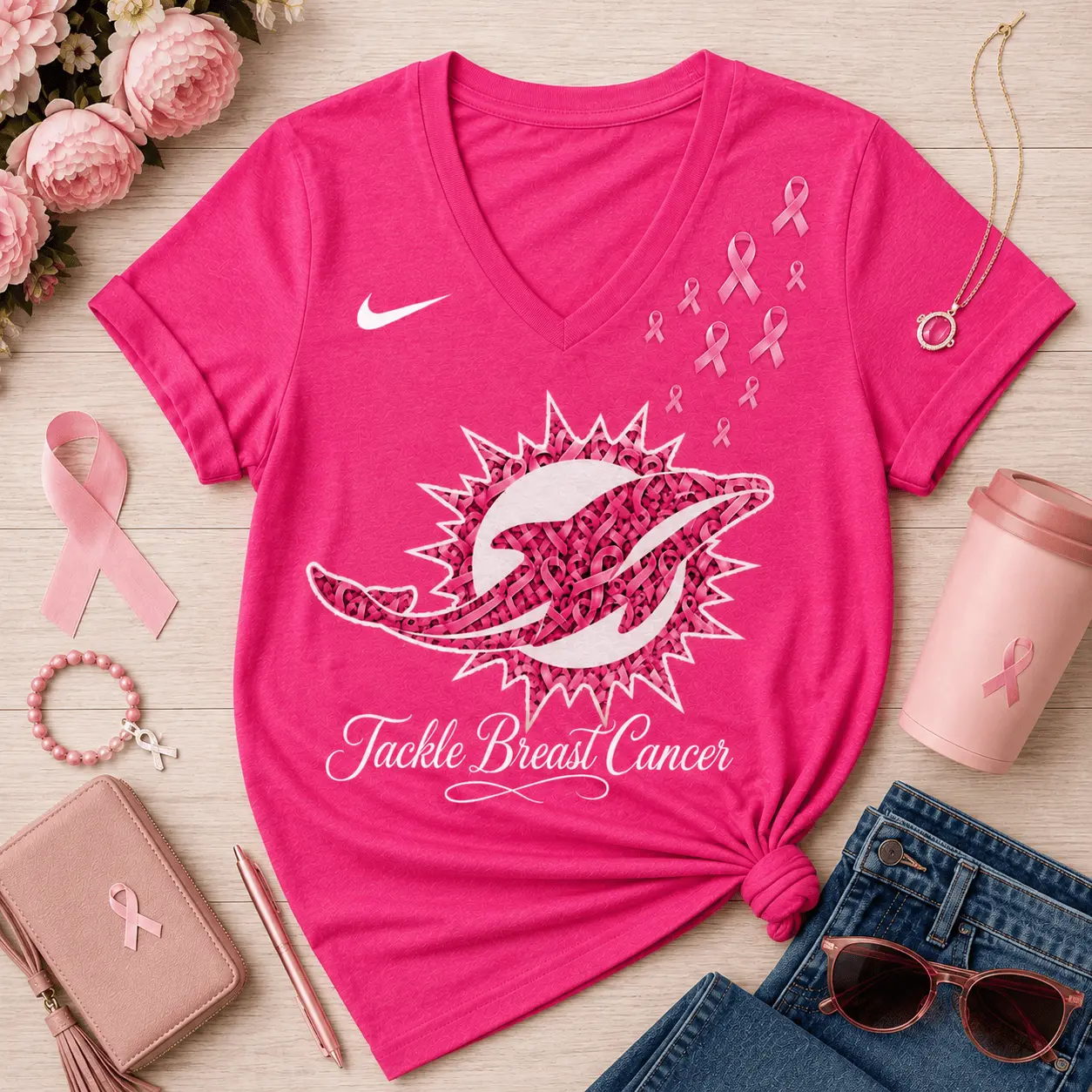 Miami Dolphins | Premium NFL Tackle Breast Cancer V-neck NY - Image 2