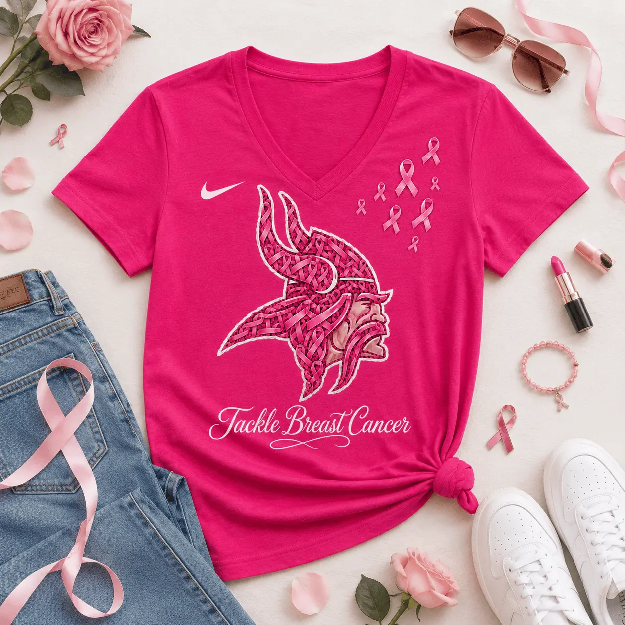 Minnesota Vikings | Premium NFL Tackle Breast Cancer V-neck NY - Image 2