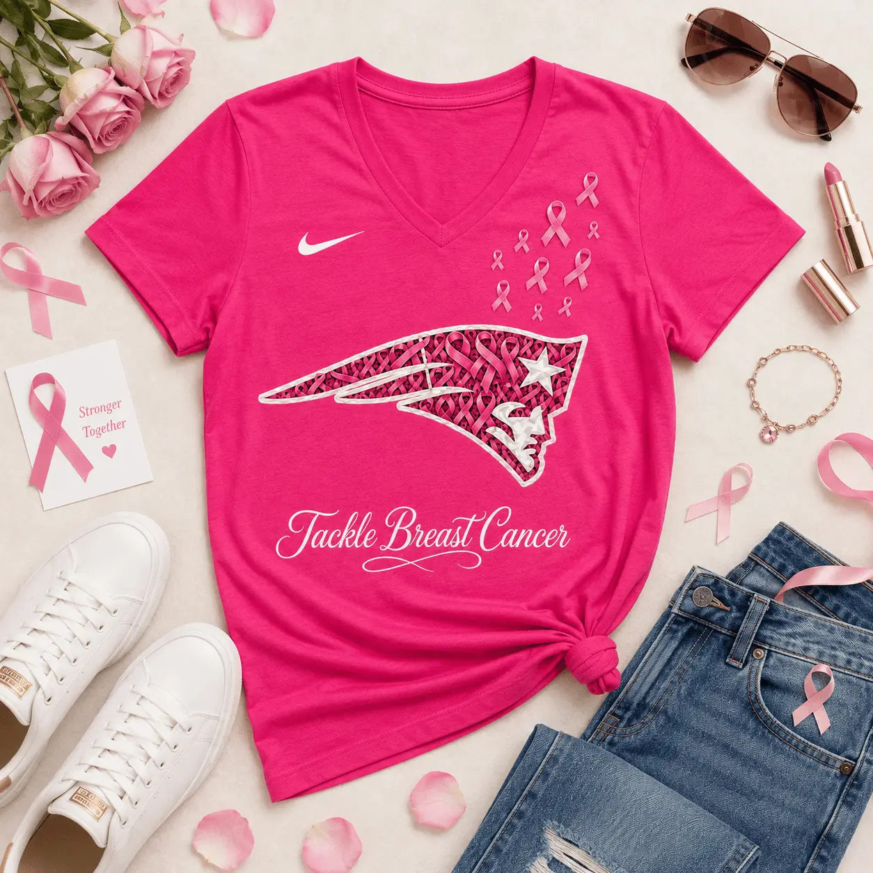 New England Patriots | Premium NFL Tackle Breast Cancer V-neck NY - Image 2