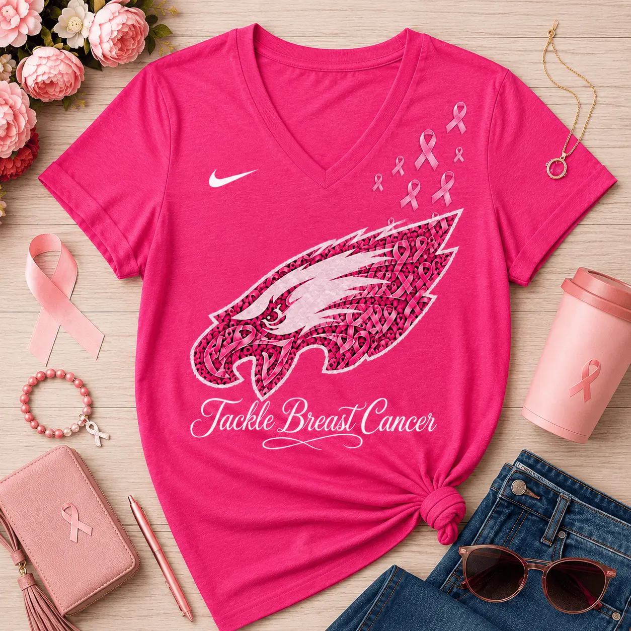Philadelphia Eagles | Premium NFL Tackle Breast Cancer V-neck NY - Image 2