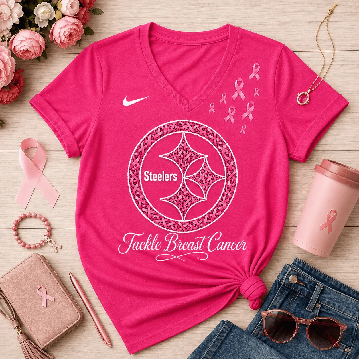 Pittsburgh Steelers | Premium NFL Tackle Breast Cancer V-neck NY - Image 2