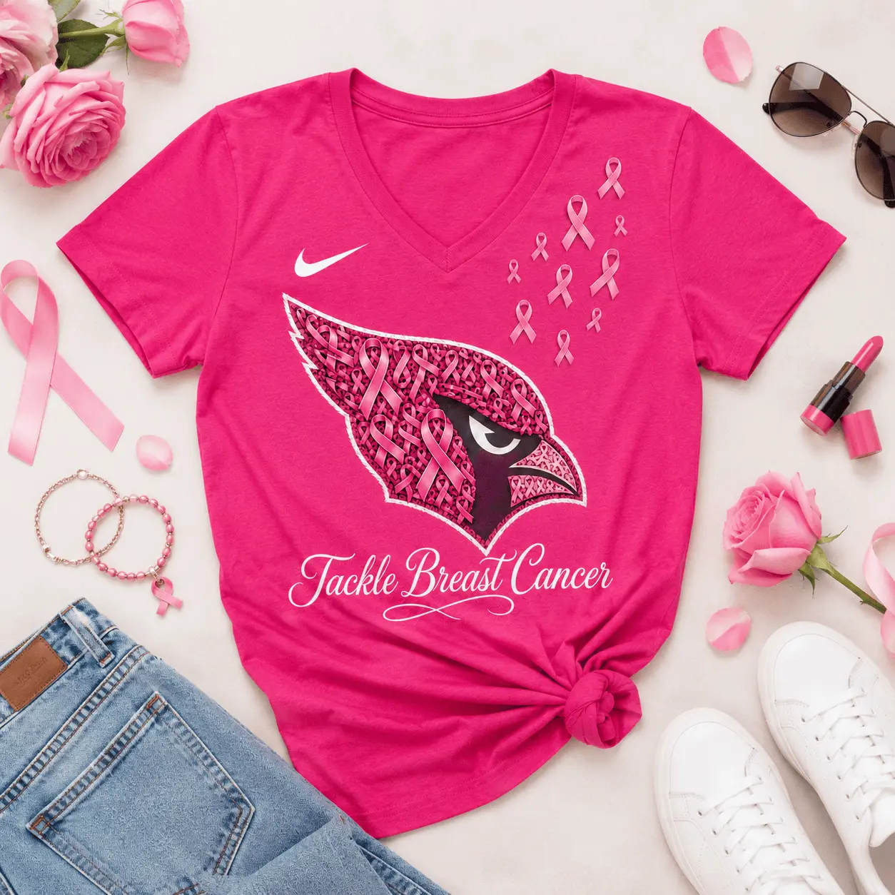 Arizona Cardinals | Premium NFL Tackle Breast Cancer V-neck NY - Image 2