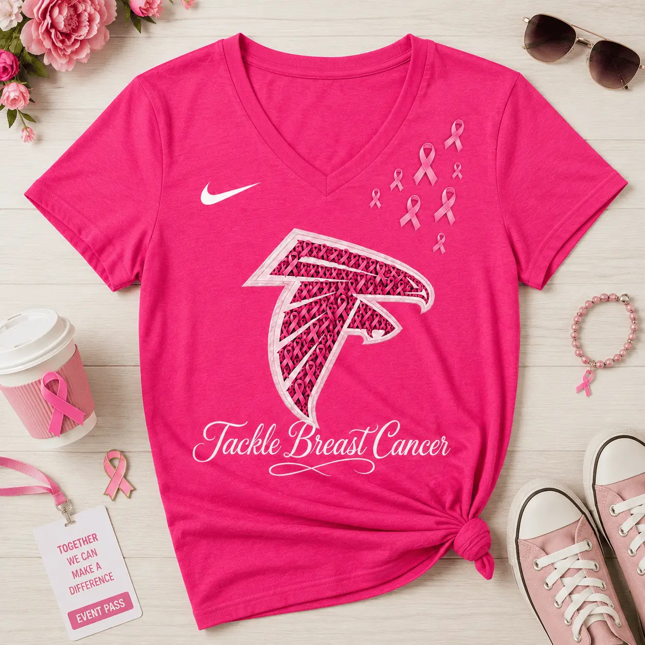 Atlanta Falcons | Premium NFL Tackle Breast Cancer V-neck NY - Image 2