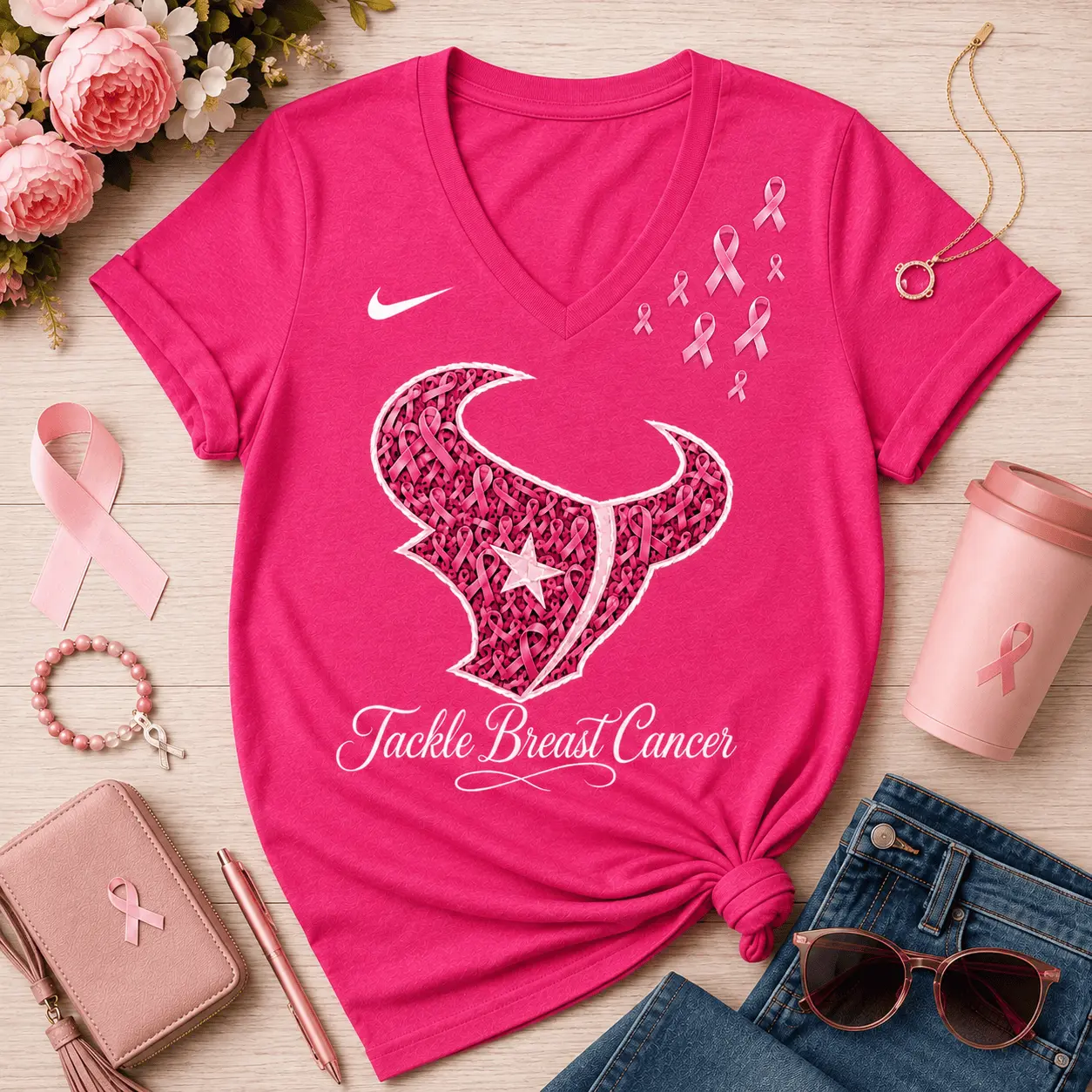 Houston Texans | Premium NFL Tackle Breast Cancer V-neck NY - Image 2