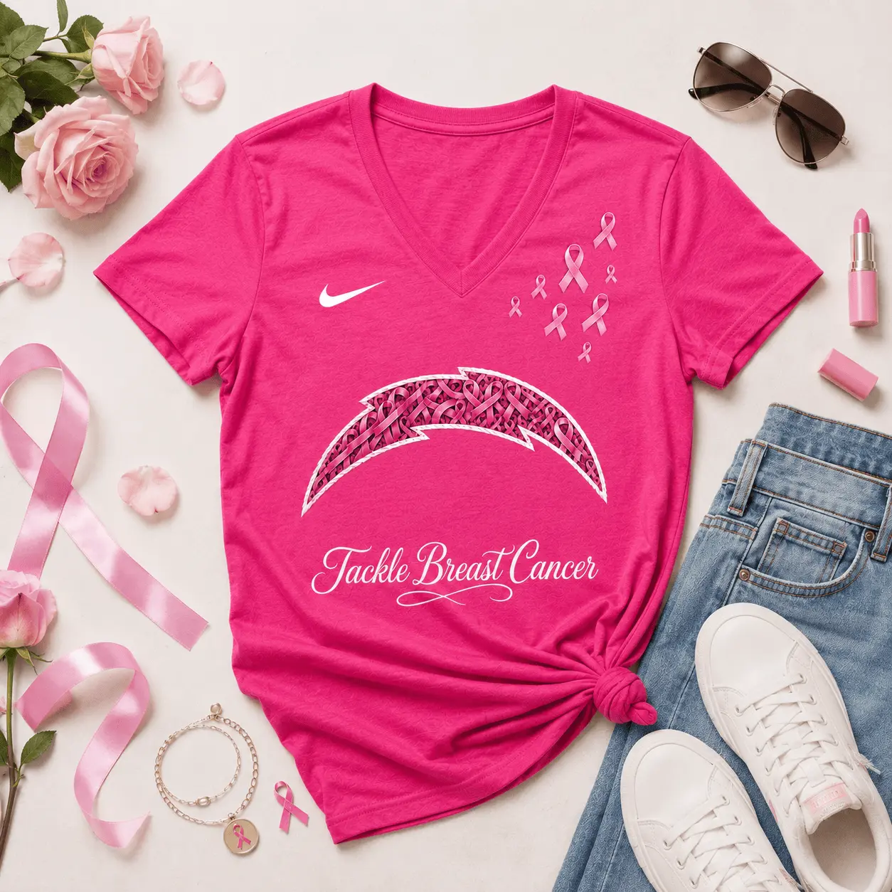 Los Angeles Chargers | Premium NFL Tackle Breast Cancer V-neck NY - Image 2