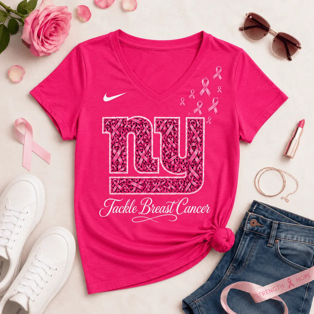 New York Giants | Premium NFL Tackle Breast Cancer V-neck NY - Image 2