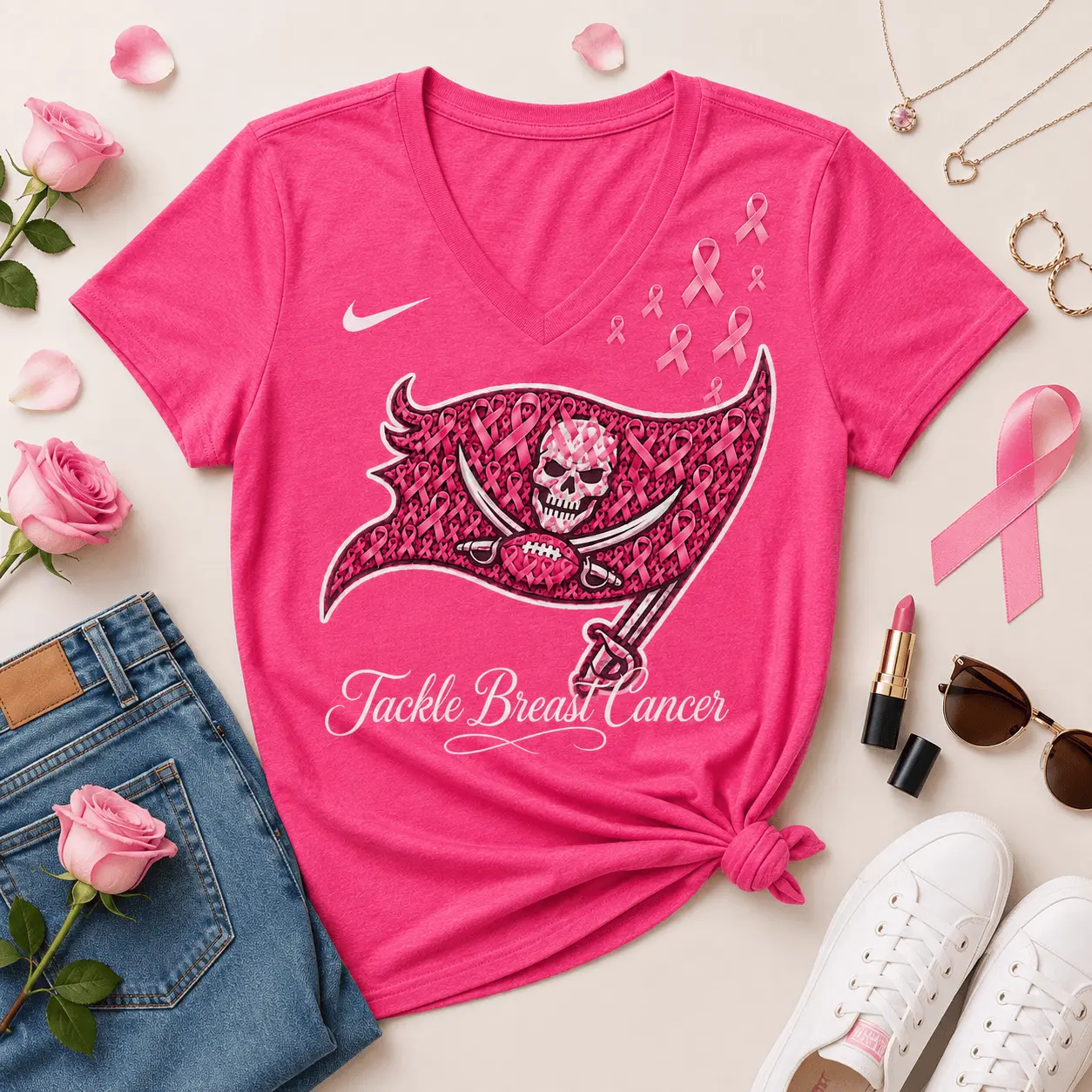Tampa Bay Buccaneers | Premium NFL Tackle Breast Cancer V-neck NY - Image 2