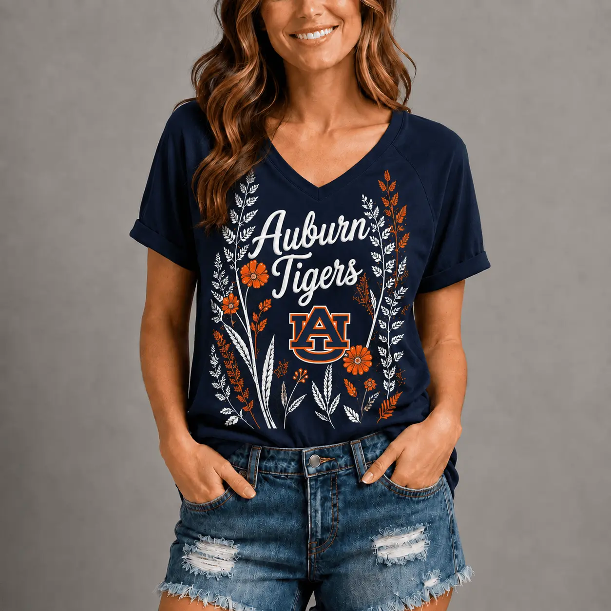 Auburn Tigers | Premium NCAA Floral Spirit V-neck NY - Image 2