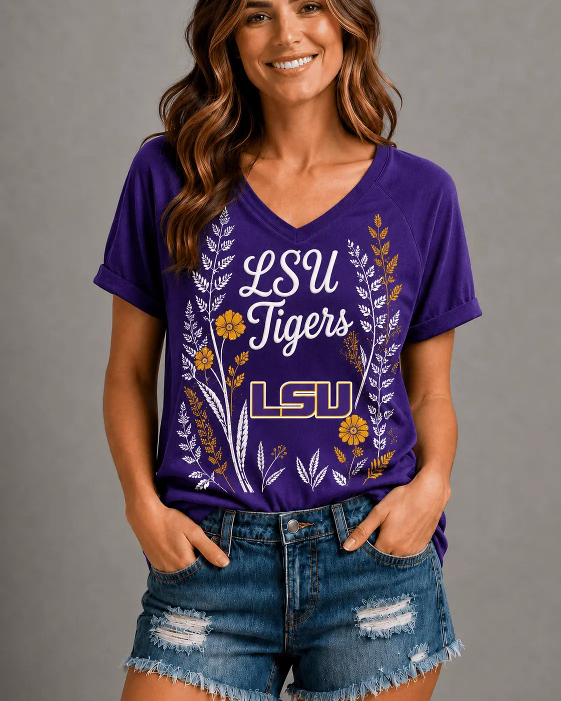 LSU Tigers | Premium NCAA Floral Spirit V-neck NY - Image 2