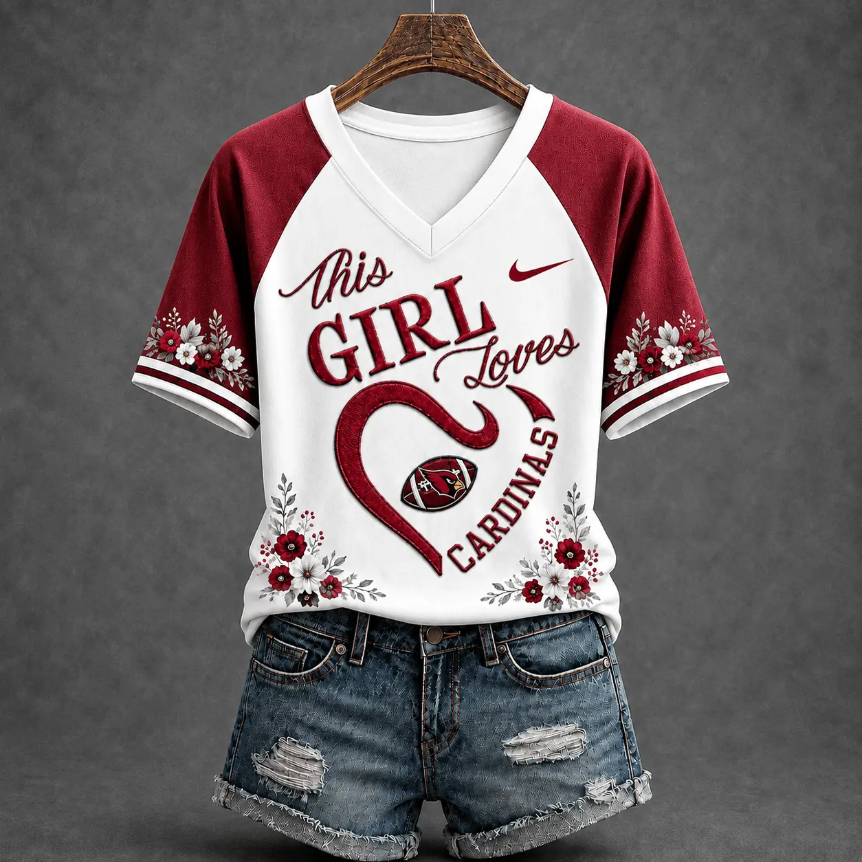 Arizona Cardinals | Premium NFL This Girl Loves Football Floral V-Neck TD