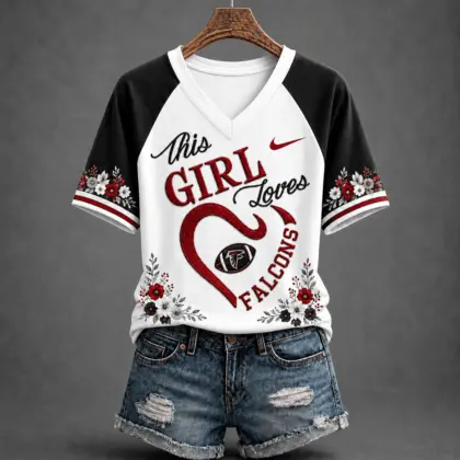 Atlanta Falcons | Premium NFL This Girl Loves Football Floral V-Neck TD