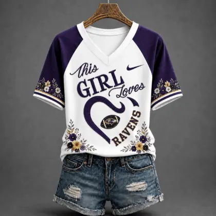 Baltimore Ravens | Premium NFL This Girl Loves Football Floral V-Neck TD