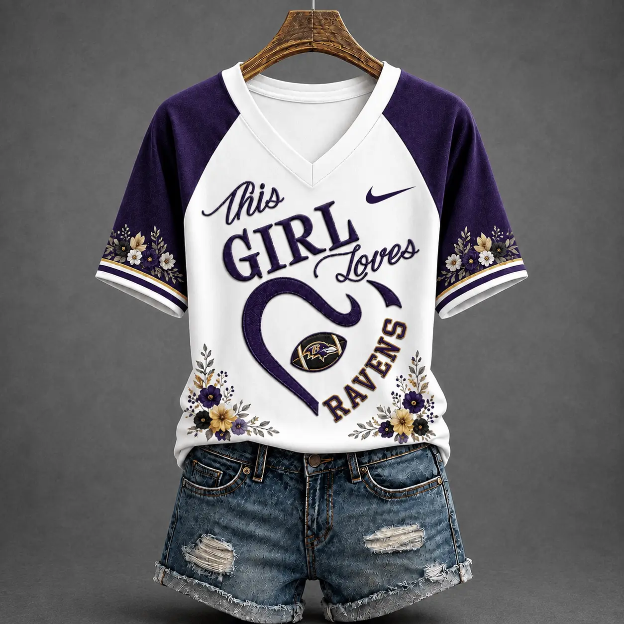 Baltimore Ravens | Premium NFL This Girl Loves Football Floral V-Neck TD