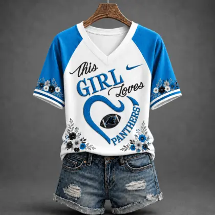 Carolina Panthers | Premium NFL This Girl Loves Football Floral V-Neck TD