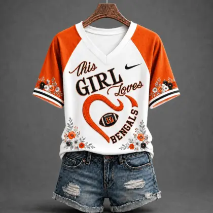 Cincinnati Bengals | Premium NFL This Girl Loves Football Floral V-Neck TD