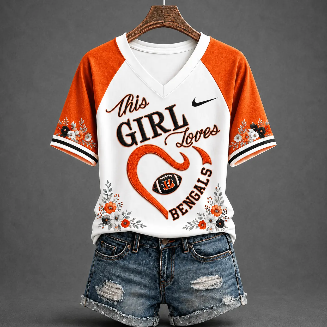 Cincinnati Bengals | Premium NFL This Girl Loves Football Floral V-Neck TD