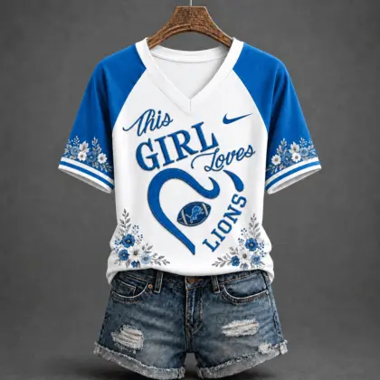 Detroit Lions | Premium NFL This Girl Loves Football Floral V-Neck TD