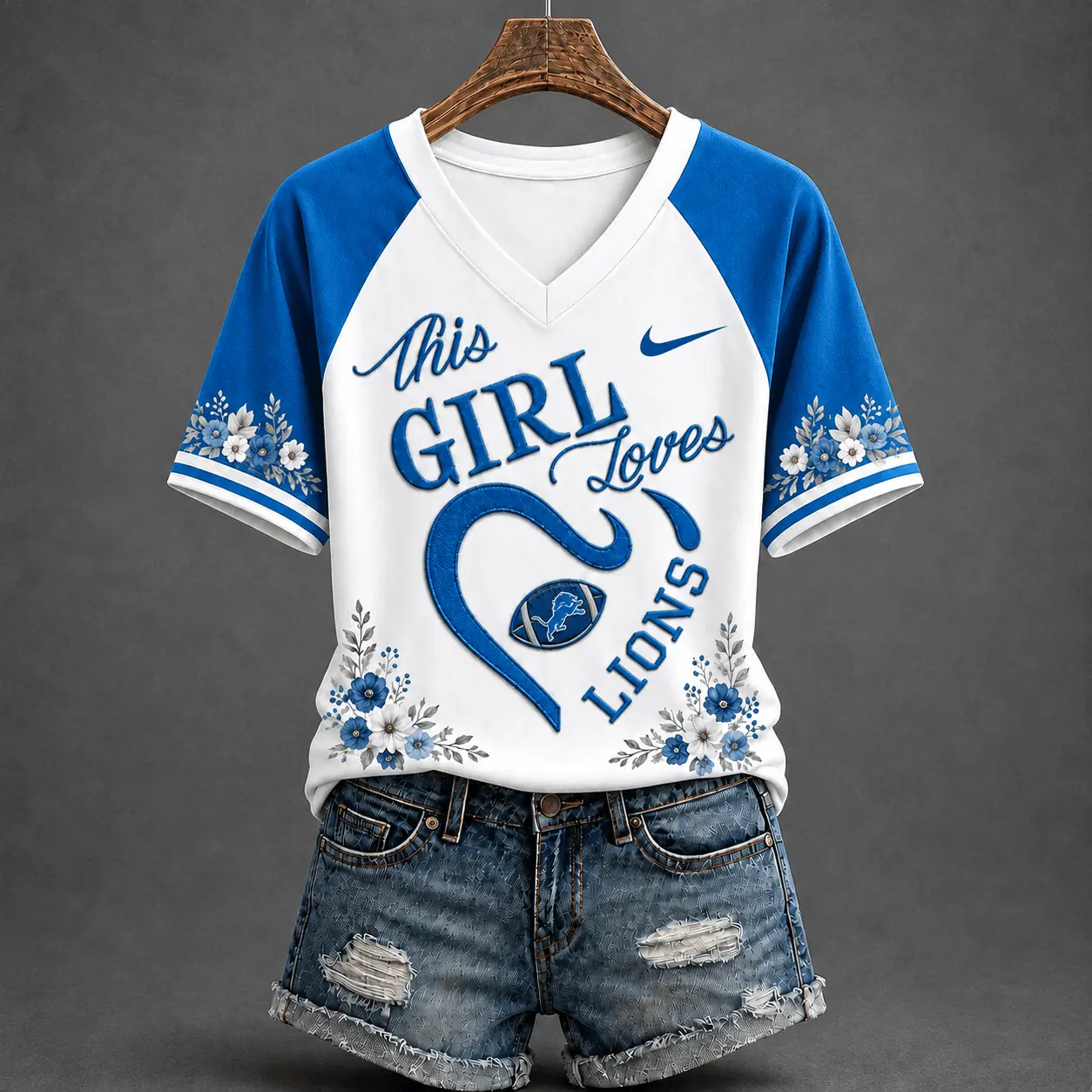 Detroit Lions | Premium NFL This Girl Loves Football Floral V-Neck TD