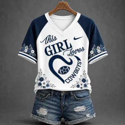 Dallas Cowboys | Premium NFL This Girl Loves Football Floral V-Neck TD