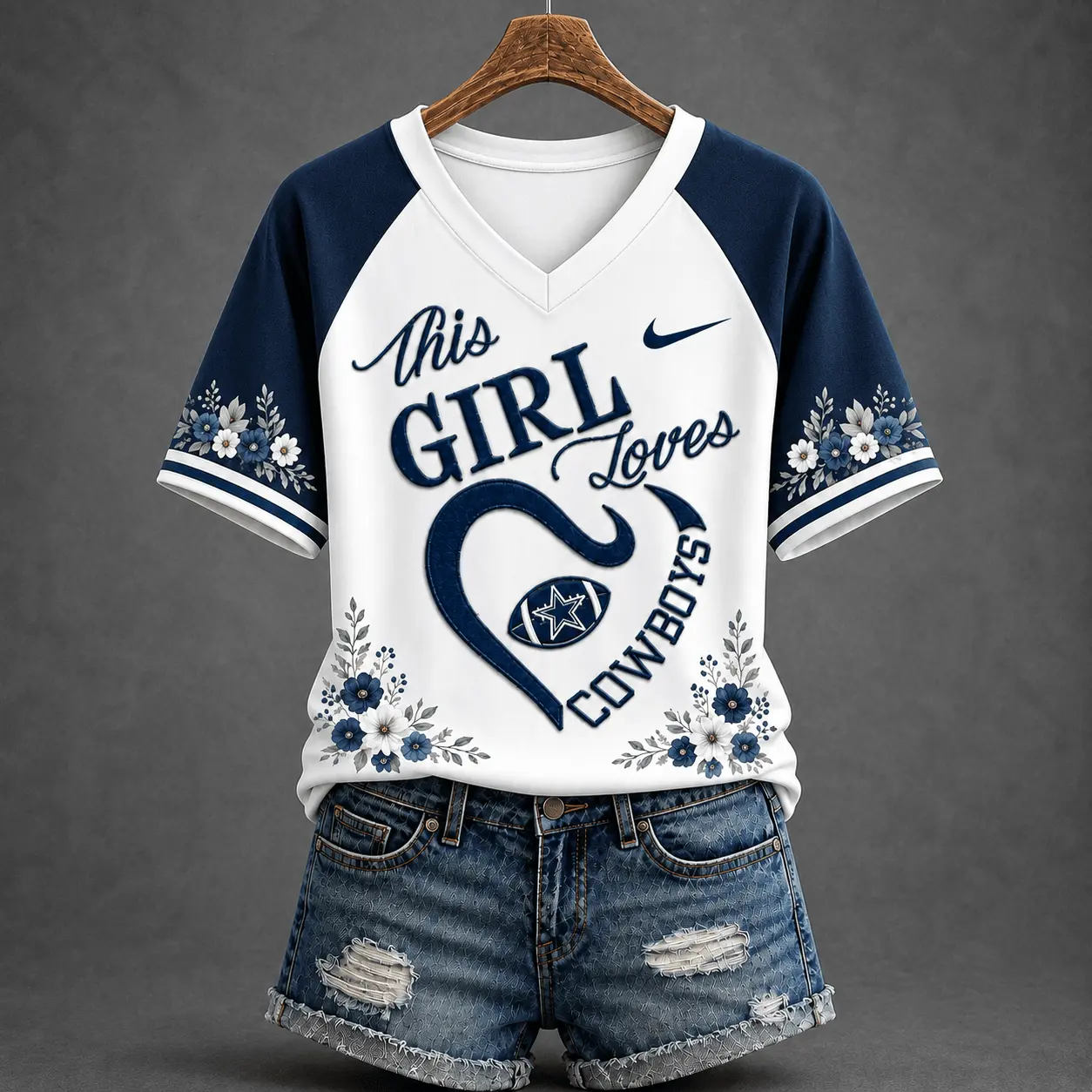 Dallas Cowboys | Premium NFL This Girl Loves Football Floral V-Neck TD