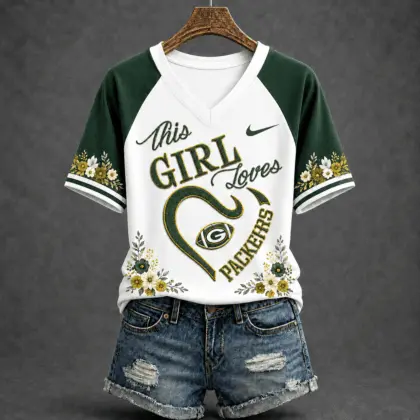 Green Bay Packers | Premium NFL This Girl Loves Football Floral V-Neck TD