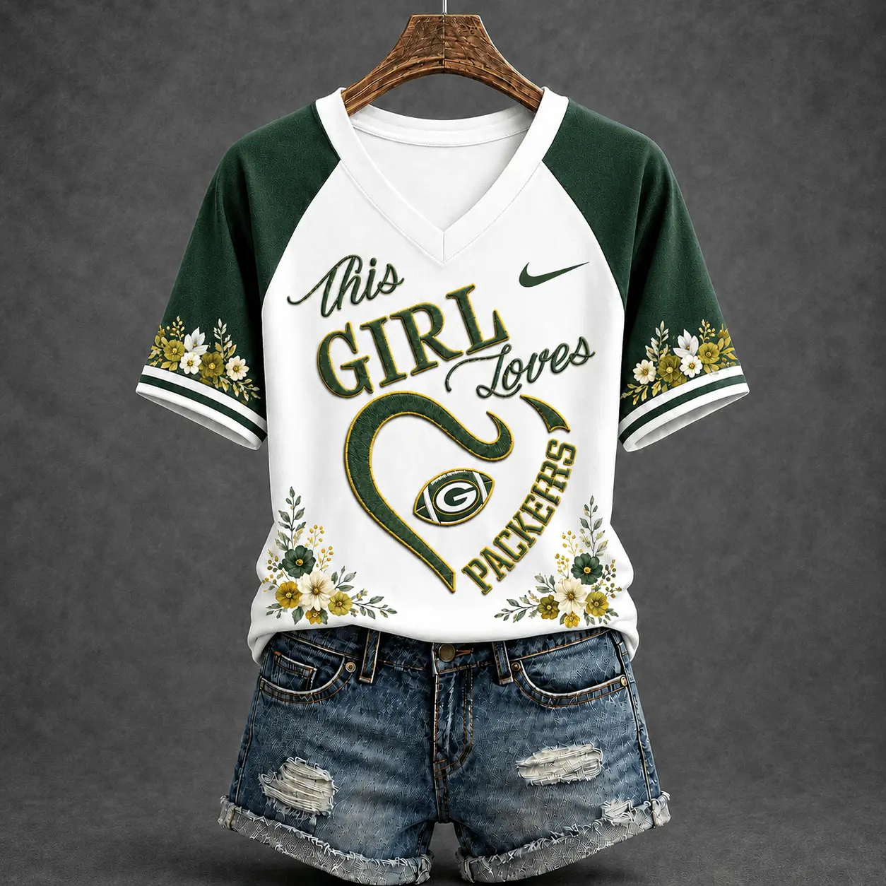 Green Bay Packers | Premium NFL This Girl Loves Football Floral V-Neck TD