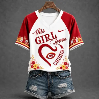 Kansas City Chiefs | Premium NFL This Girl Loves Football Floral V-Neck TD