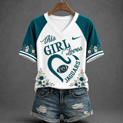 Jacksonville Jaguars | Premium NFL This Girl Loves Football Floral V-Neck TD
