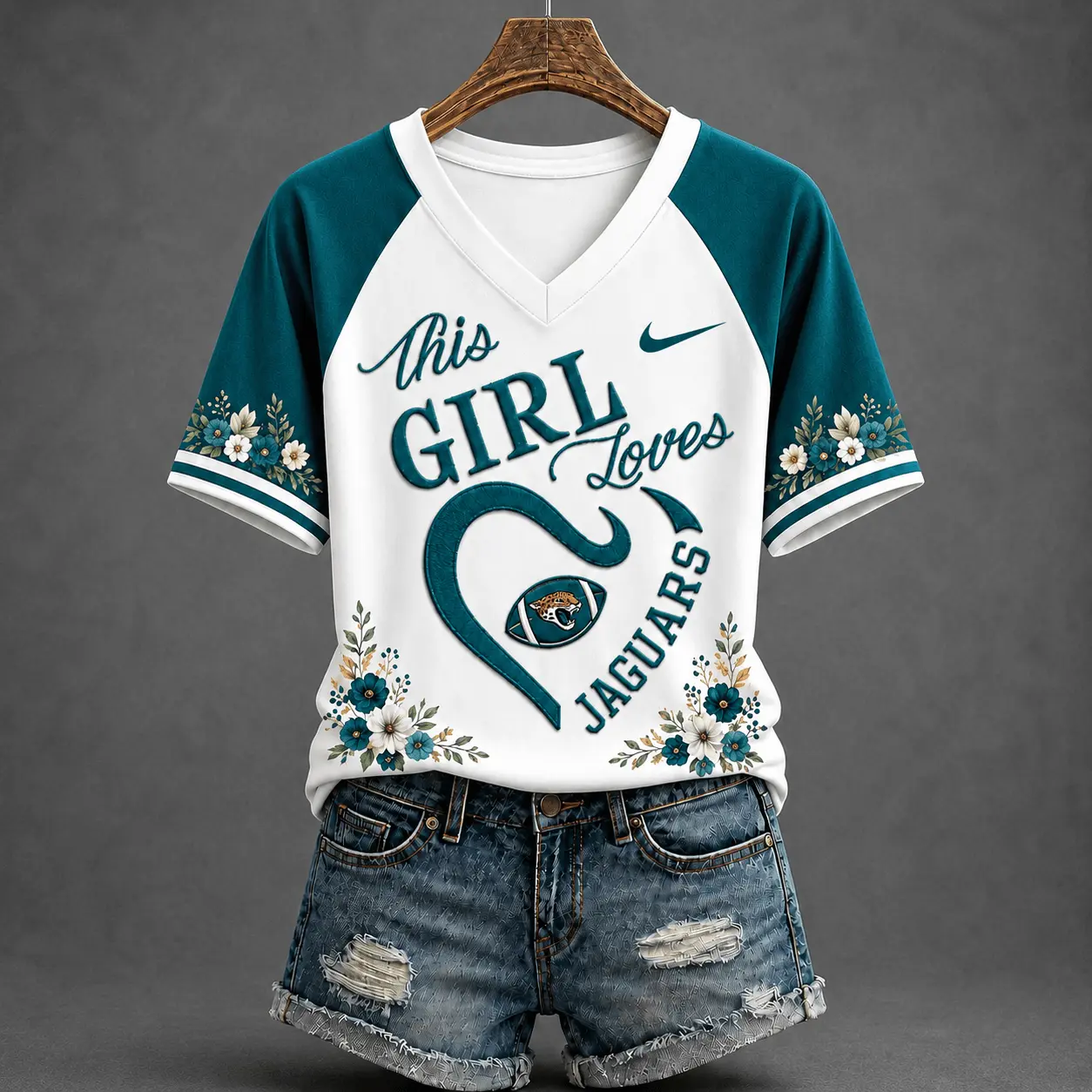 Jacksonville Jaguars | Premium NFL This Girl Loves Football Floral V-Neck TD