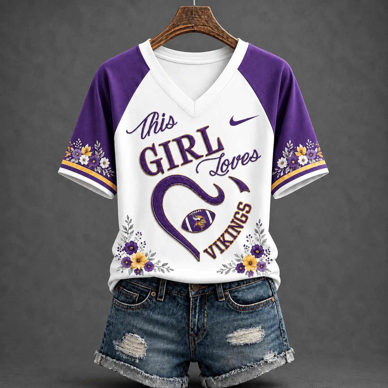 Minnesota Vikings | Premium NFL This Girl Loves Football Floral V-Neck TD