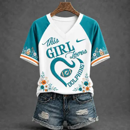 Miami Dolphins | Premium NFL This Girl Loves Football Floral V-Neck TD