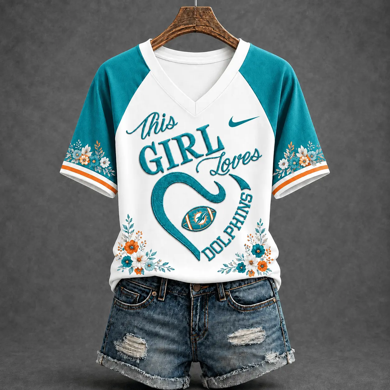 Miami Dolphins | Premium NFL This Girl Loves Football Floral V-Neck TD