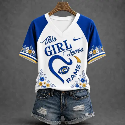 Los Angeles Rams | Premium NFL This Girl Loves Football Floral V-Neck TD