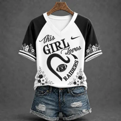 Las Vegas Raiders | Premium NFL This Girl Loves Football Floral V-Neck TD