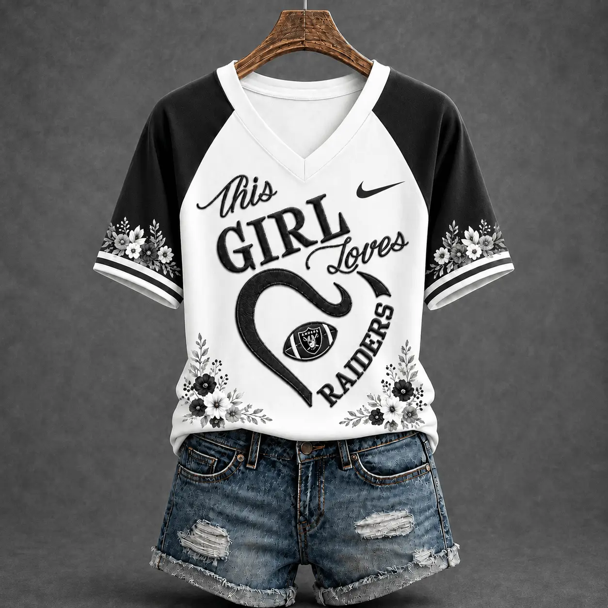 Las Vegas Raiders | Premium NFL This Girl Loves Football Floral V-Neck TD