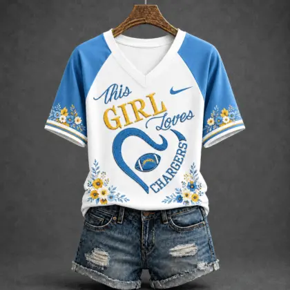 Los Angeles Chargers | Premium NFL This Girl Loves Football Floral V-Neck TD
