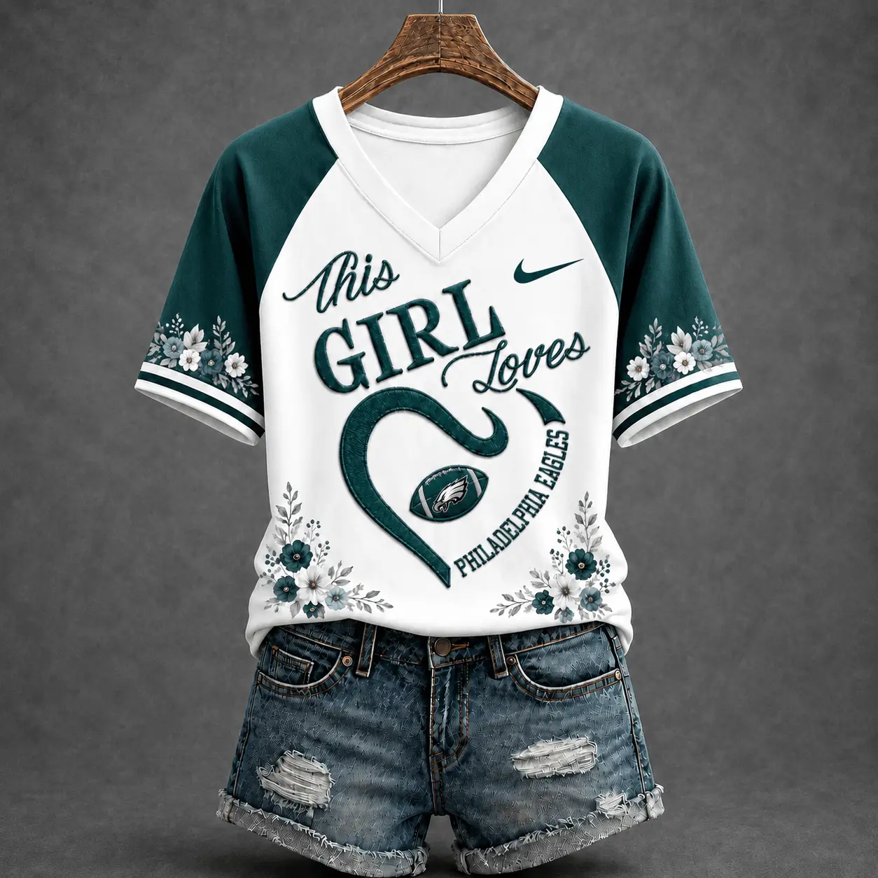 Philadelphia Eagles | Premium NFL This Girl Loves Football Floral V-Neck TD