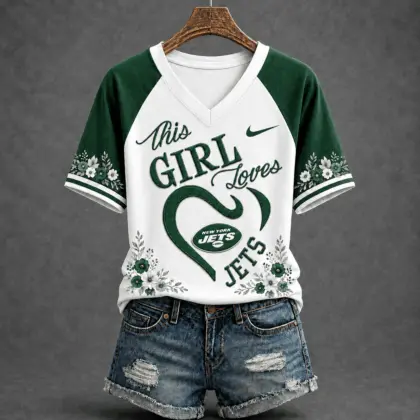 New York Jets | Premium NFL This Girl Loves Football Floral V-Neck TD