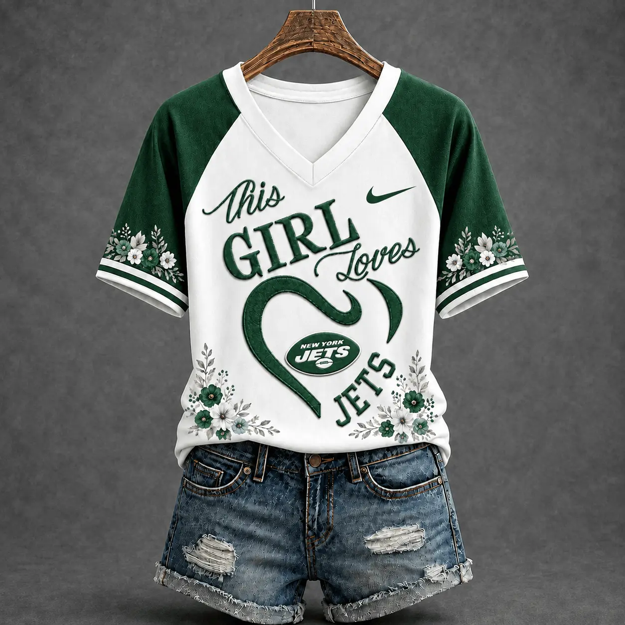 New York Jets | Premium NFL This Girl Loves Football Floral V-Neck TD