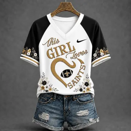 New Orleans Saints | Premium NFL This Girl Loves Football Floral V-Neck TD