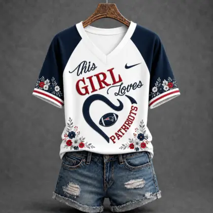 New England Patriots | Premium NFL This Girl Loves Football Floral V-Neck TD