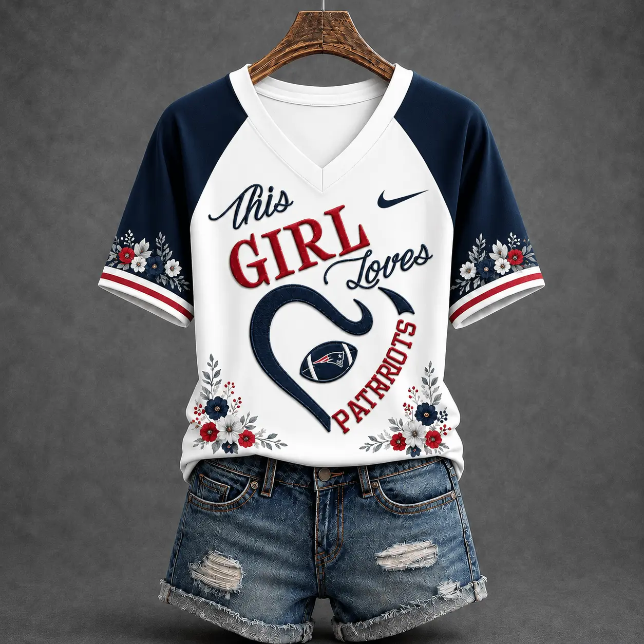 New England Patriots | Premium NFL This Girl Loves Football Floral V-Neck TD